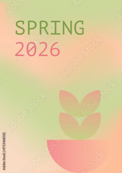 Fototapeta Gradient Poster in pink and green. Vector Spring background with geometric botanical shapes