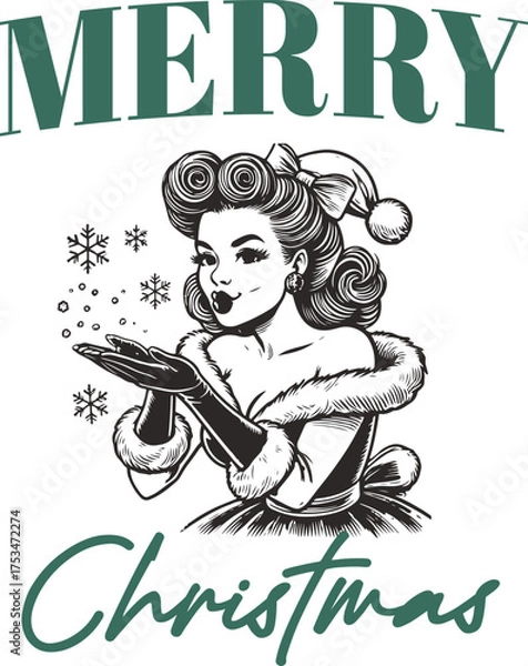 Fototapeta Retro Pin-Up Girl in Santa Hat Blowing Kiss with Script Text "Merry Christmas" – Vintage Holiday Typography Design for Cards, T-Shirts, and Festive Gifts