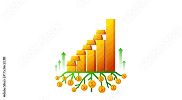 Obraz Financial growth depicted with a rising gold bar chart and a money tree producing golden coins, symbolizing successful investment and wealth