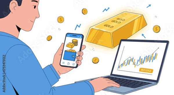 Obraz Man managing digital investments and wealth online, utilizing a smartphone and laptop to track financial growth with gold assets and cryptocurrency