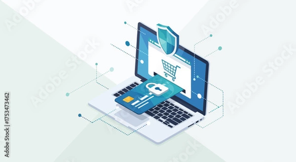 Obraz Secure Online Shopping Illustration with Shield and Credit Card on Laptop