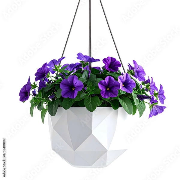 Fototapeta A hanging planter of deep purple petunias blooms in a geometric white pot with green leaves