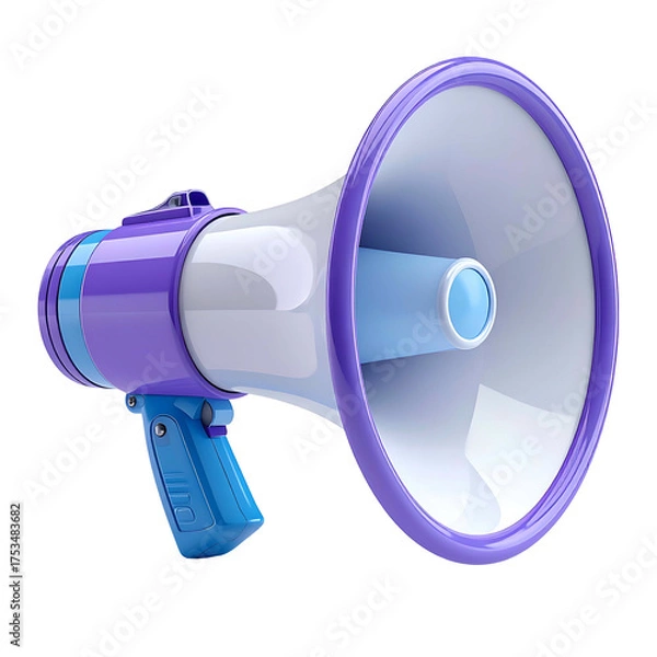 Fototapeta Shiny, 3D rendering of a megaphone, colored in purple, white, and blue, angled to the right