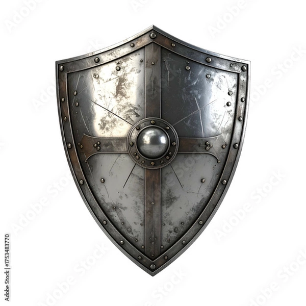 Fototapeta Polished metal shield with rivet details, reflecting light, set against a black background
