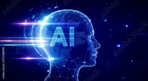 Obraz Artificial intelligence concept with human head and ai text, technology background