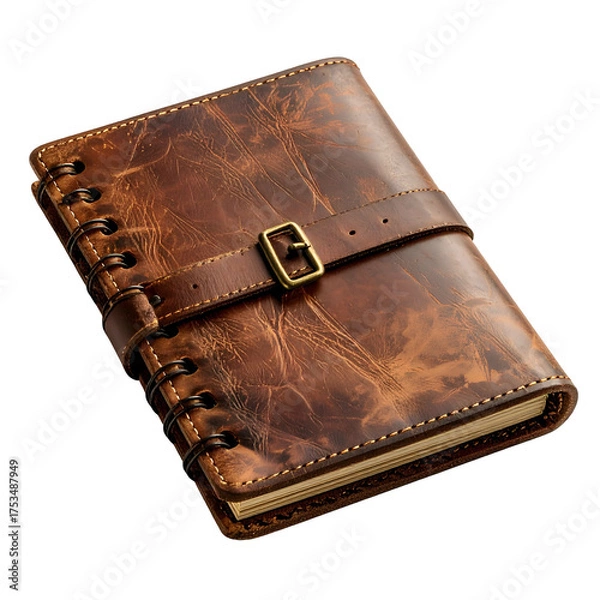 Fototapeta A close-up of a brown leather journal secured by a strap and buckle, open binding