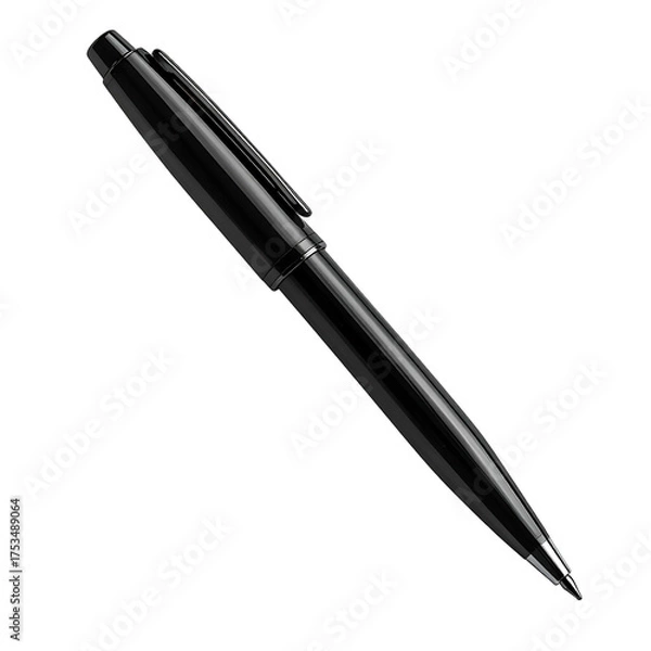 Fototapeta Shiny black ballpoint pen, angled diagonally, with clip, against a dark background
