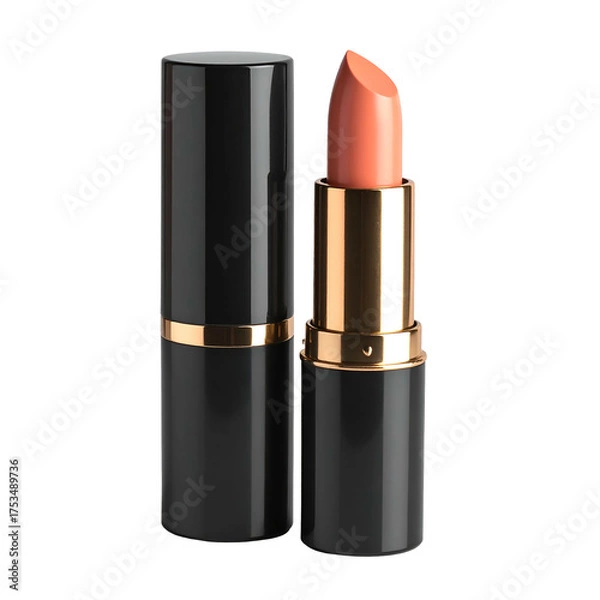 Fototapeta Peach lipstick in black and gold tube, open, next to closed tube, against black background
