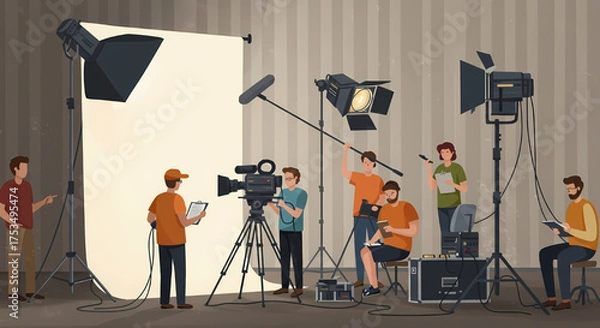 Fototapeta Film and video production team operating cameras, lighting, and sound gear in a studio. Useful for media websites, educational content, and production