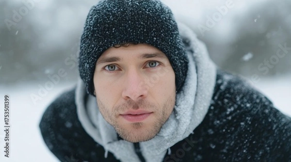 Fototapeta A contemplative Caucasian male in wintry reverie, exploring Frost Festivals, modern Hygge, amid swirling snowflakes and serene whispers