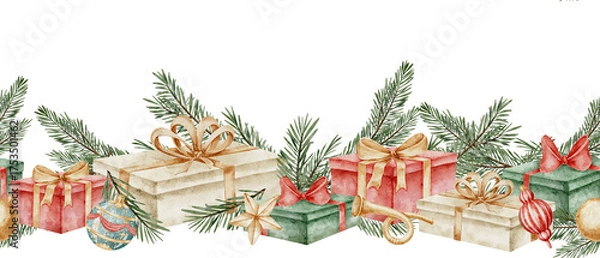Obraz Watercolor seamless border with Christmas presents, ribbons, and pine branches. Illustration of ornament with gift boxes with bows for Xmas invitations or New Year greeting cards. Art for frame.