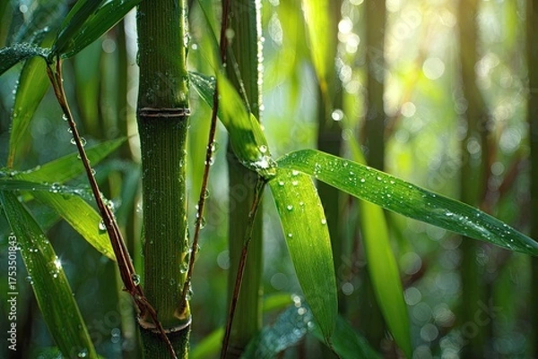 Fototapeta Close-up of bamboo stalks and leaves, shimmering with water droplets, sunlit and vibrant
