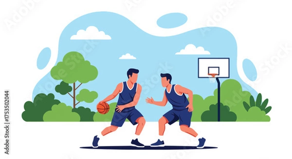 Obraz Flat style illustration of two men playing basketball outdoors, showing teamwork, competition, and fitness on a sunny day in a park or sports court setting