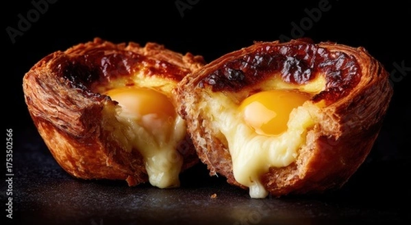 Obraz Close-up of two baked pastries, showcasing golden egg yolks and creamy custard against dark backdrop