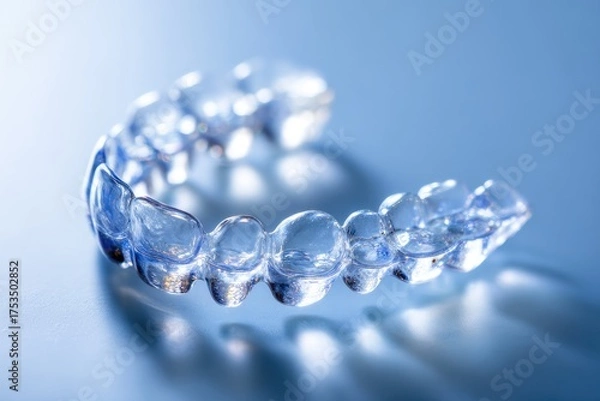 Fototapeta Close-up view of a clear, transparent orthodontic aligner tray against a gradient blue background