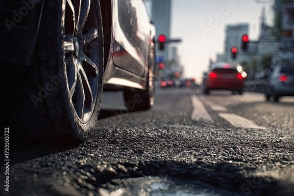 Fototapeta Close-up of a car's tire on a city road with blurred traffic and street lights