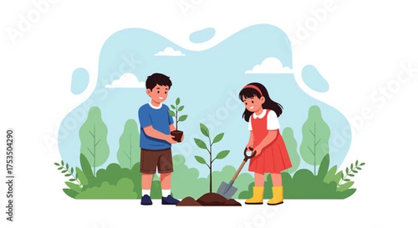 Fototapeta Flat style illustration of two children planting a tree together in a park, symbolizing environmental care, teamwork, sustainability, and the importance of nature and growth education
