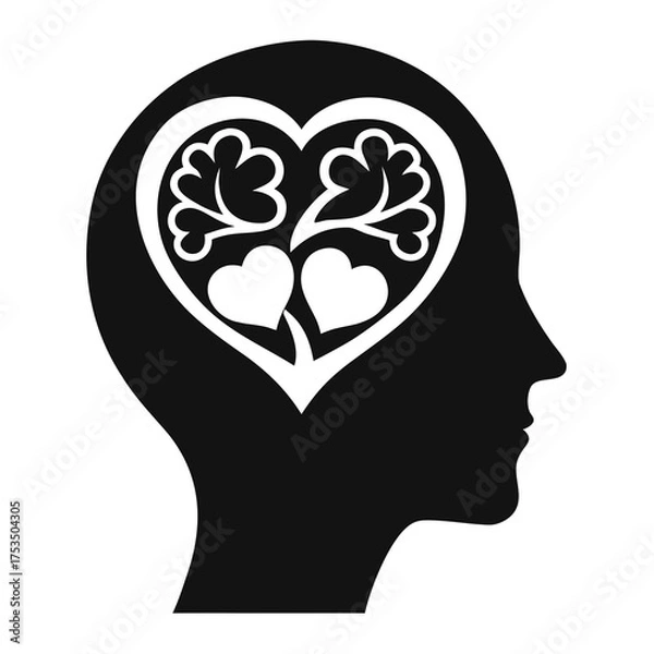 Obraz Silhouette of a human head with a heart shaped tree growing inside representing love and growth
