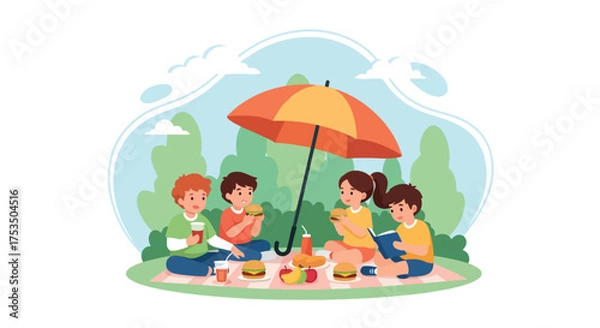 Fototapeta Flat style illustration of three girls having a picnic under an umbrella in the park, enjoying food, drinks, and conversation, symbolizing friendship, leisure, and outdoor fun