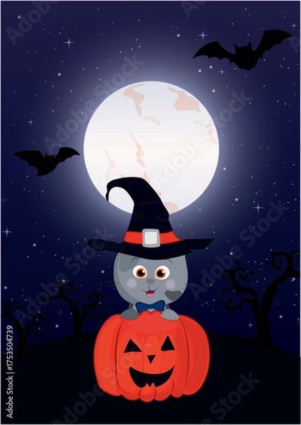 Obraz Vector illustration - Halloween greeting card with a little cat wearing a witch's hat and standing over a large pumpkin while a big moon is visible in the sky in the background.
