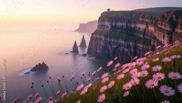 Fototapeta Cliffs of Moher Ireland at Sunrise with Wildflowers.