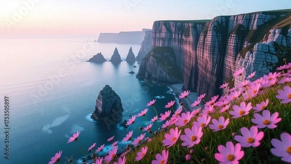 Fototapeta Coastal cliffs adorned with vibrant pink cosmos flowers at sunset.