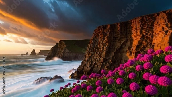 Fototapeta Coastal Cliffs and Blooming Flowers Under Dramatic Sky.