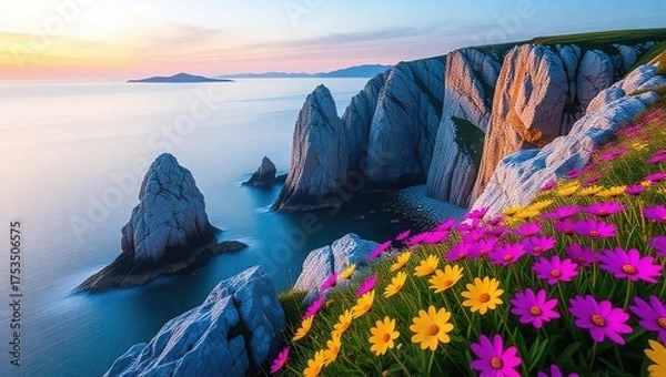 Fototapeta Coastal Cliffs and Colorful Flowers at Sunset.