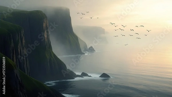 Fototapeta Coastal Cliffs at Dawn - A Serene Landscape with Birds in Flight.