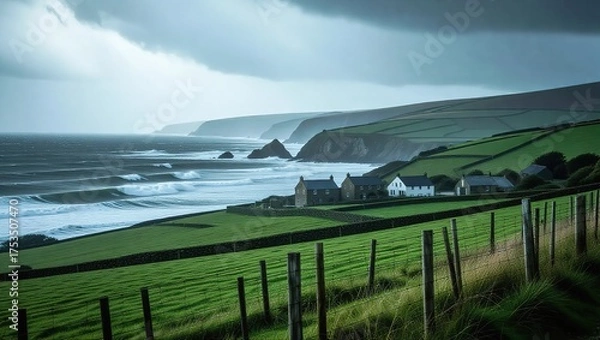 Fototapeta Coastal landscape with green fields and ocean waves under cloudy sky.