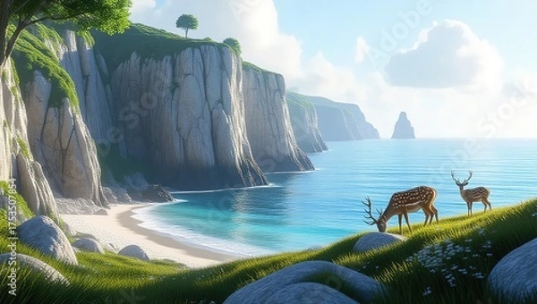 Fototapeta Coastal Paradise - Serene Beach Scene with Majestic Deer and Cliffs.