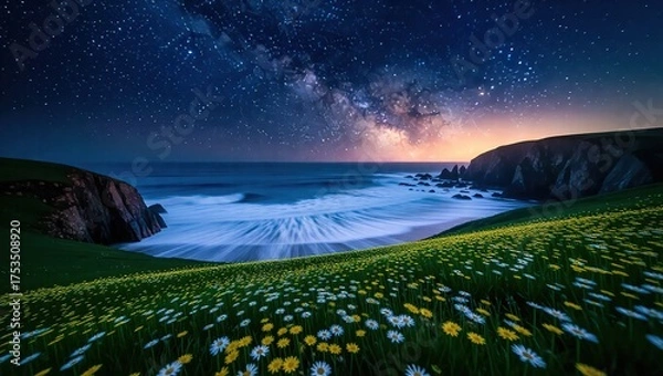 Fototapeta Coastal Serenity - Milky Way Over Lush Meadow and Ocean Waves.