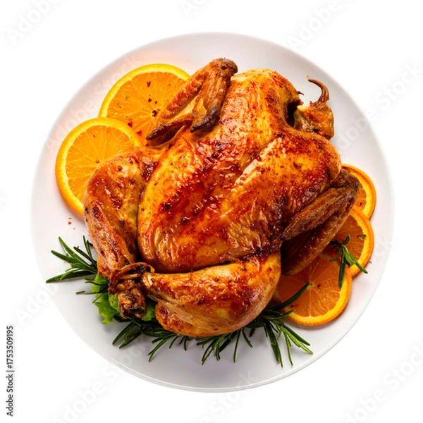 Fototapeta A golden-brown roasted bird, garnished with orange slices and herbs on a white plate