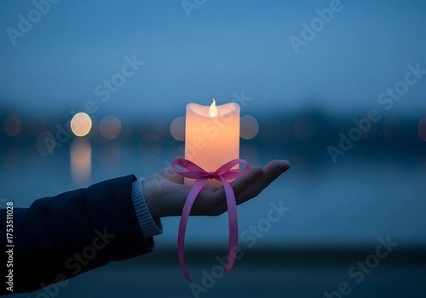 Fototapeta A person's hand gently holds a single luminous candle with a pink awareness ribbon, symbolizing hope and remembrance at dusk