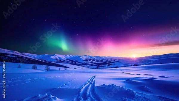 Fototapeta Colorful Aurora Borealis Over a Frozen Snowy Mountain Landscape.