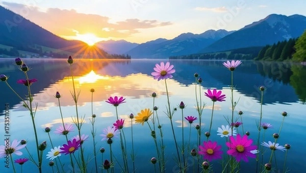 Fototapeta Colorful Wildflowers Blooming by a Tranquil Mountain Lake at Sunrise.