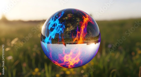 Obraz Glowing orb reflects colorful energy and tranquil landscape at sunset.