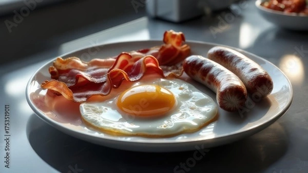 Fototapeta A sunny-side-up egg, crispy bacon, and two sausages on a plate