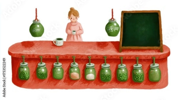 Obraz Cute tea cafe front, chalk color, white background, A woman stands behind a colorful jar-filled counter, in green and orange brick setting