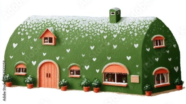 Obraz Cute tea cafe front, chalk color, white background, Whimsical green house with heart-shaped decorations and charming windows, in green and orange brick setting