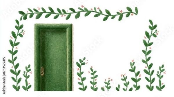 Obraz Cute tea cafe front, chalk color, white background, A green door surrounded by decorative foliage and flowers, in green and orange brick setting