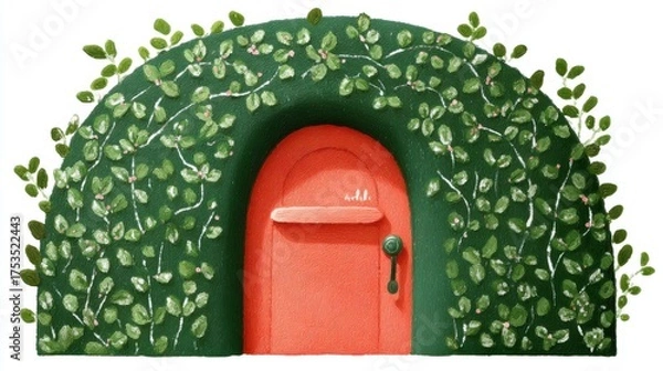 Obraz Cute tea cafe front, chalk color, white background, Colorful door surrounded by lush greenery and vines, in green and orange brick setting