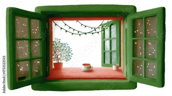 Obraz Cute tea cafe front, chalk color, white background, Open window with plants and lights, creating a cozy atmosphere, in green and orange brick setting