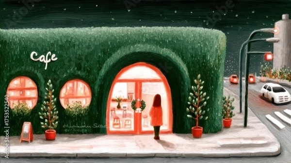 Obraz Cute tea cafe front, chalk color, white background, Charming café entrance surrounded by greenery at night, in green and orange brick setting