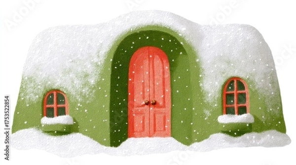Obraz Cute tea cafe front, chalk color, white background, Whimsical snow-covered cottage with a red door and windows, in green and orange brick setting