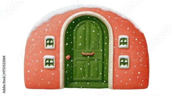 Obraz Cute tea cafe front, chalk color, white background, Whimsical round house with green door and decorative windows, in green and orange brick setting