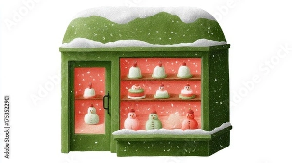 Obraz Cute tea cafe front, chalk color, white background, Winter-themed display with snowmen figurines in a shop window, in green and orange brick setting