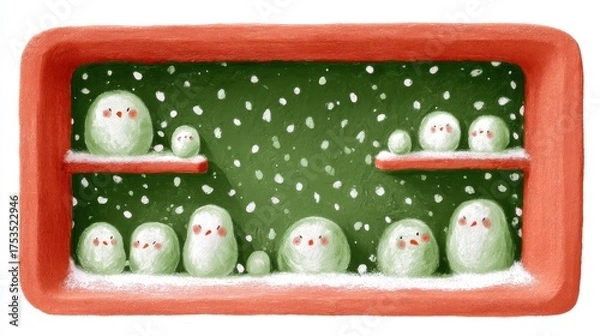 Obraz Cute tea cafe front, chalk color, white background, Snowy display of whimsical snowmen in a festive setting, in green and orange brick setting