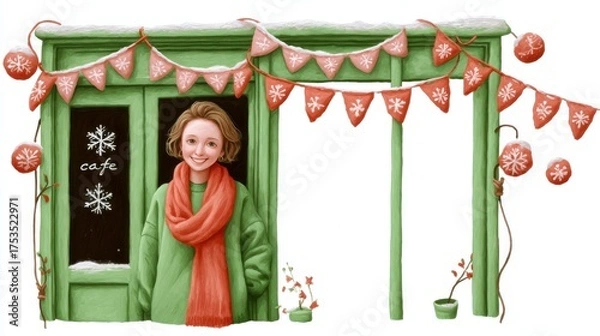 Obraz Cute tea cafe front, chalk color, white background, Charming café entrance decorated for winter with a woman wearing a scarf, in green and orange brick setting