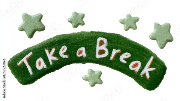 Obraz Cute tea cafe front, chalk color, white background, Take a break sign with stars and a green background, in green and orange brick setting